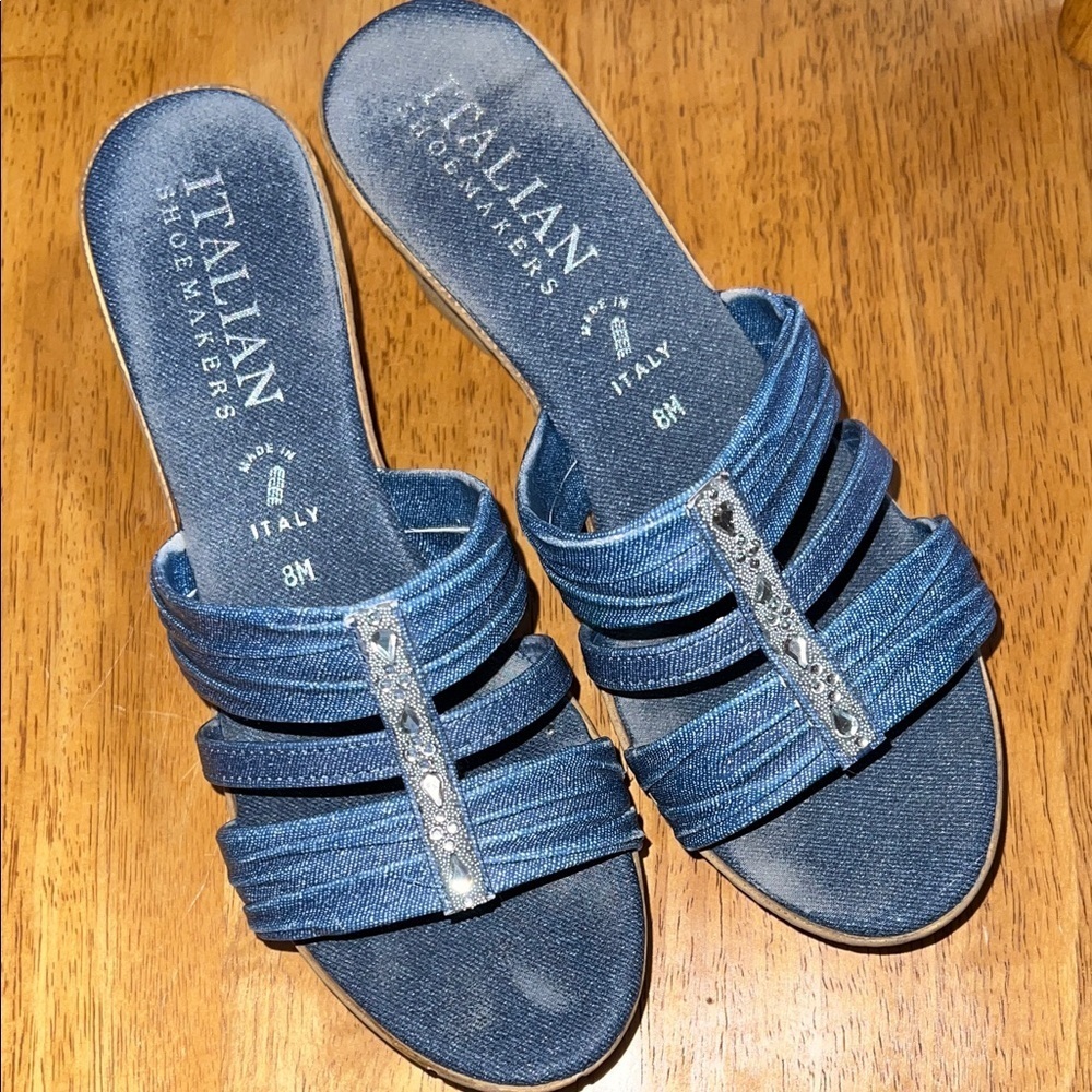 Italian Shoemakers Denim Blue Slide Wedge Platform Sandals Shoes 8